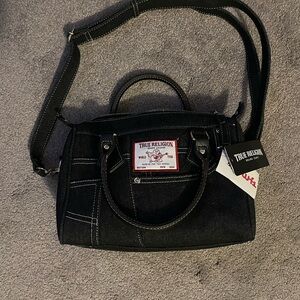 True Religion Black Denim Satchel with White Contrast Stitching